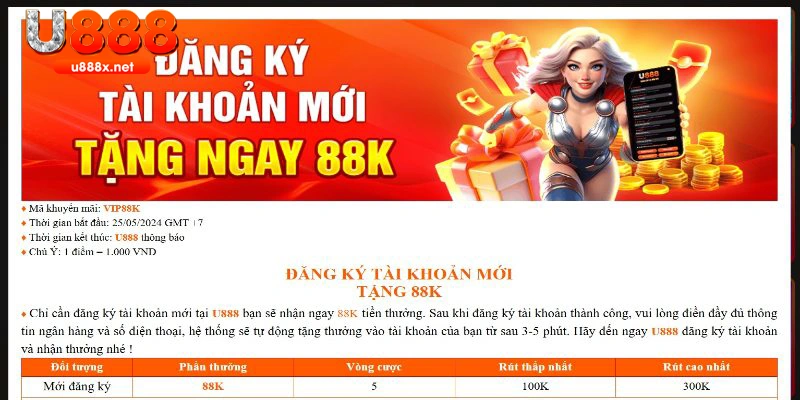 Chương trình khuyến mãi U888 tặng thưởng thành viên mới đăng ký